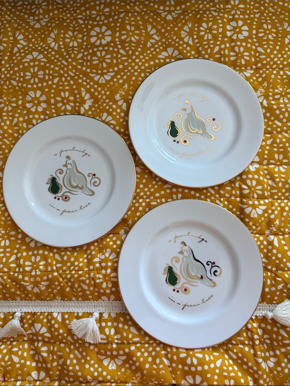 Pier 1 White Dessert Plates with Gold Fruit & Green Accents - Set of 3